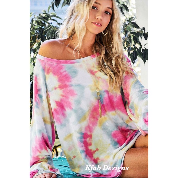 💖LAST 1 Pink French Terry Tie Dye Puff Sleeve Top - Picture 2 of 9